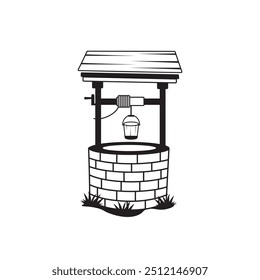 Well Vector Collection Set, Eye-Catching well Water Vector Illustration Isolated And Outline Vector, Water Well With Wooden Bucket, Vector Old Ancient Village Water Tank. Water Supply Well Drawing.