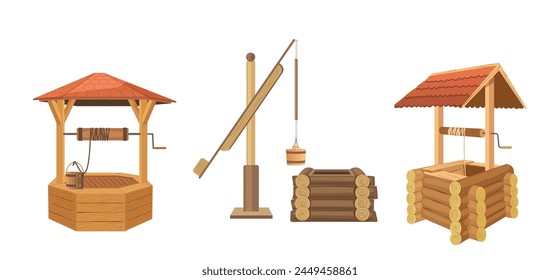 Well wooden structure in ground with access to fresh drinking water set isolated on white background