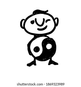 A well-balanced person. The Yin and Yang energies are balanced. A hand-drawn cartoon character. Isolated black and white vector illustration