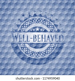 Well-behaved blue emblem or badge with abstract geometric pattern background.