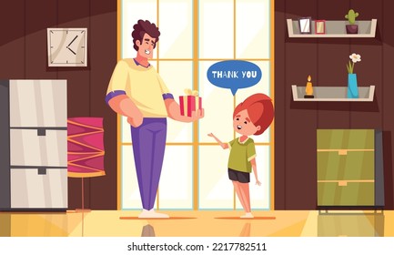 Well-behaved child cartoon poster with polite kid taking gift box from father vector illustration