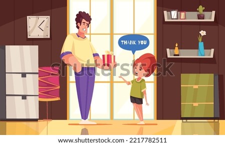 Well-behaved child cartoon poster with polite kid taking gift box from father vector illustration