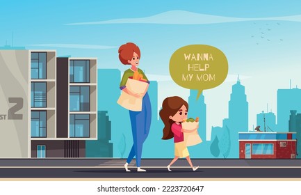 Well-behaved Children Cartoon With Kid Helping With Groceries Vector Illustration