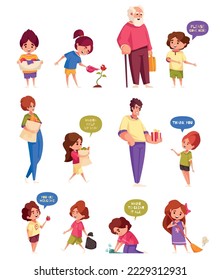 Well-behaved children icons set with kids helping adults isolated vector illustration