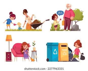 Well-behaved children icons set with kids helping parents in garden and home isolated vector illustration