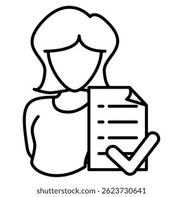 Wellbeing Assessment icon represented by woman, paper, checklist Line style.