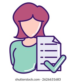 Wellbeing Assessment icon represented by woman, paper, checklist Lineal Color style.