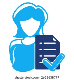 Wellbeing Assessment icon represented by woman, paper, checklist Dualtone style.