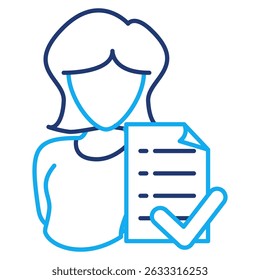 Wellbeing Assessment icon represented by woman, paper, checklist Dual Line style.