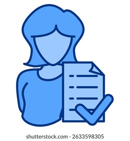 Wellbeing Assessment icon represented by woman, paper, checklist Blue style.