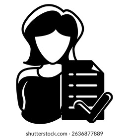 Wellbeing Assessment icon represented by woman, paper, checklist Black Filled style.