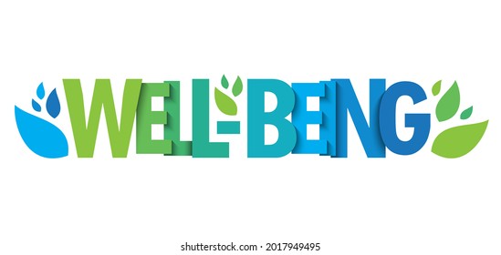 WELL-BEING blue and green vector typography banner on white background with leaves