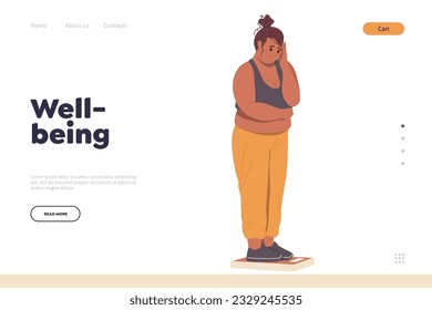Wellbeing concept for landing page design template with sad fat obese woman looking at scale