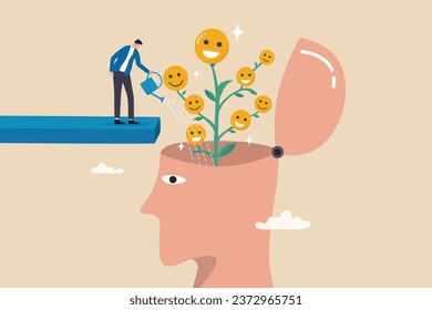 Bienestar, felicidad o actitud positiva, relajación para reducir la ansiedad incrementando emoción positiva, sensación o concepto de bienestar mental, el hombre riego el cerebro creciendo feliz sonriente cara planta de plántula.