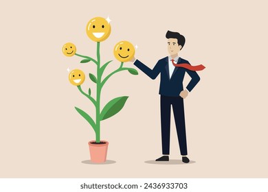 Wellbeing, happiness or positive attitude, relaxation to reduce anxiety increasing positive emotion, man growing seed plant happy smiling face