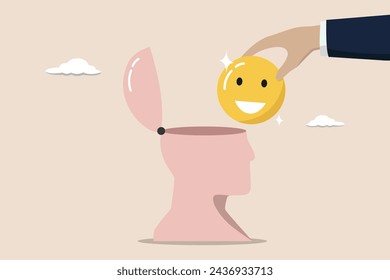 Wellbeing, happiness or positive attitude, relaxation to reduce anxiety increasing positive emotion, feeling or mental wellbeing concept, businessman hand giving smiling emoticon to human head