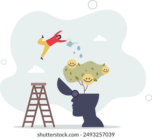 Wellbeing, happiness or positive attitude, relaxation to reduce anxiety increasing positive emotion, feeling or mental wellbeing concept.flat design.illustration with people.