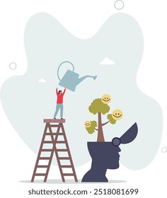 Wellbeing, happiness or positive attitude, relaxation to reduce anxiety increasing positive emotion,flat design with people.