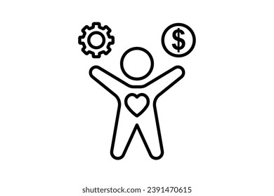 icono de bienestar. humano con dólar, corazón y equipo. estilo de icono de línea. diseño de vector simple editable