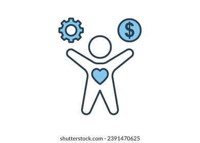 wellbeing icon. human with dollar, heart and gear. flat line icon style. simple vector design editable