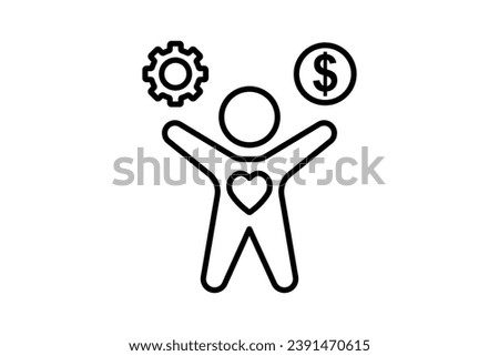 wellbeing icon. human with dollar, heart and gear. line icon style. simple vector design editable