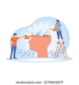 Well-being and improved mental health. Men and women maintain mental health by watering head-shaped plants. Mental Health concept. Flat vector illustration.