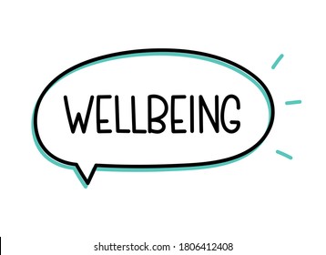 Wellbeing inscription. Handwritten lettering illustration. Black vector text in speech bubble. Simple outline marker