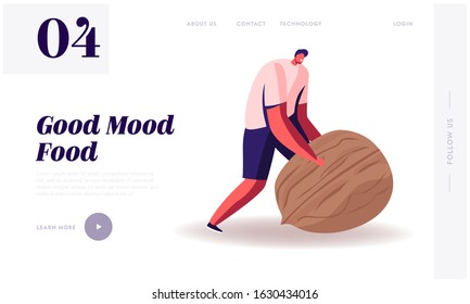 Wellbeing Lifestyle Website Landing Page. Man Rolling Huge Nut. Healthy Organic Nutrition with Low Carbs. Male Character on Keto Diet, Eco Nutrition Web Page Banner. Cartoon Flat Vector Illustration