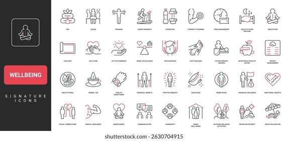 Wellbeing, mental and physical health, satisfaction, work life balance line icon set. Medical and spa body care, yoga and exercises, healthy sleep, food thin black and red symbols vector illustration
