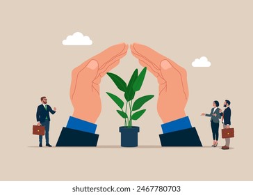 Wellbeing metaphor. Flowers take cover under insurance hands. Flat vector illustration.