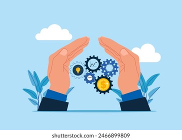 Wellbeing metaphor. Gear system move. Optimize cost and expense for better profit strategy. Modern vector illustration in flat style