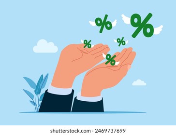 Wellbeing metaphor. Giant hands trying to catch catching percents finance debt crisis. Flat vector Illustration.
