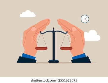 Wellbeing metaphor. Labor law, Lawyer, Attorney at law. Businessman holding scales of justice on for business legal advice. Modern vector illustration in flat style. 
