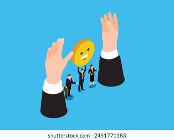 wellbeing metaphor. positive thinking business people 3d isometric vector illustration