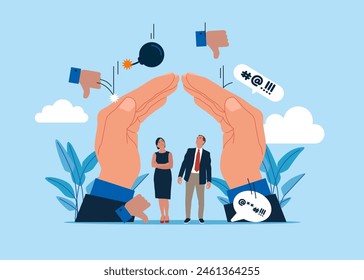 Wellbeing metaphor. Protect from negative feedback. Handle business criticism, scold or negative feedback, manage boss blame, pressure, failure or mistake ashamed. Vector illustration