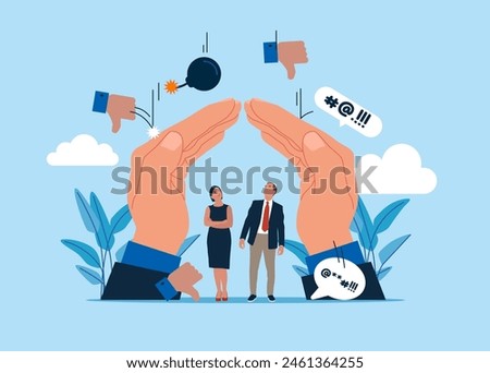 Wellbeing metaphor. Protect from negative feedback. Handle business criticism, scold or negative feedback, manage boss blame, pressure, failure or mistake ashamed. Vector illustration