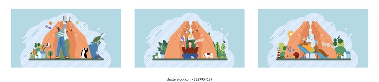 Wellbeing metaphor. Vector illustration. Human care, nurturing soil for positive work environment Wellbeing at work, key to unlocking employee potential Support of professional growth, compass guiding