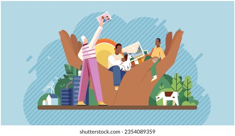 Wellbeing metaphor. Vector illustration. Human care, bedrock of caring work culture Wellbeing at work, gateway to employee satisfaction Support of professional growth, buoyant force behind career