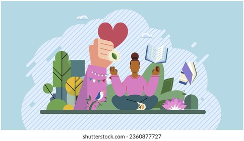 Wellbeing metaphor. Vector illustration. Human care, essence of nurturing work environment Wellbeing at work, seed that blossoms into increased productivity Support professional growth, wind beneath