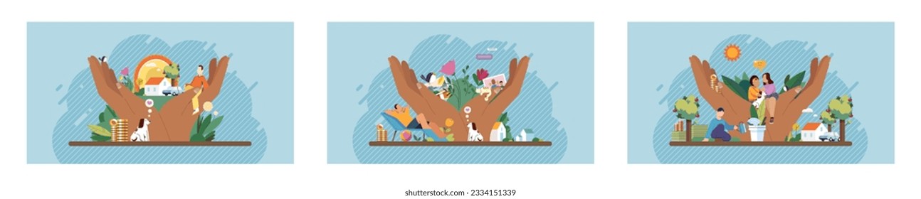 Wellbeing metaphor. Vector illustration. Support insurance, protective shield for every employee Employee wellbeing, lifeblood of energized workplace Humcare, bonding glue in professional environment