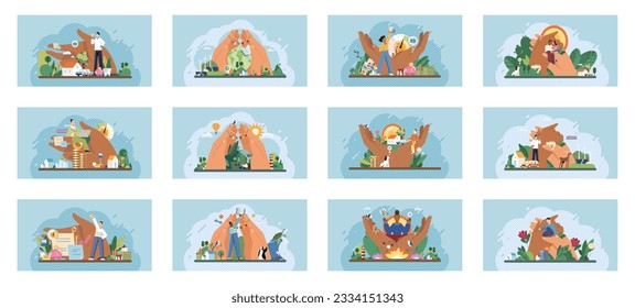Wellbeing metaphor. Vector illustration. Support insurance, parachute that ensures soft landing during hard times Employee wellbeing, thermostat of harmonious workplace Humcare, essence of nurturing