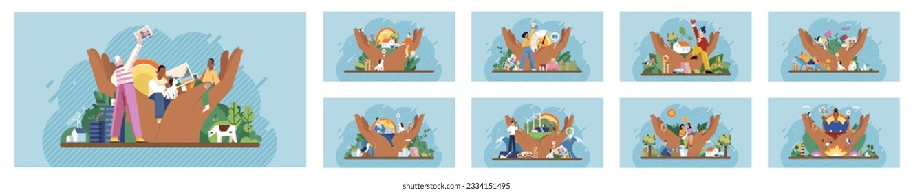 Wellbeing metaphor. Vector illustration. Support of professional growth, wind beneath employees wings Support insurance, safety harness on climb to professional heights Employee wellbeing, pulse