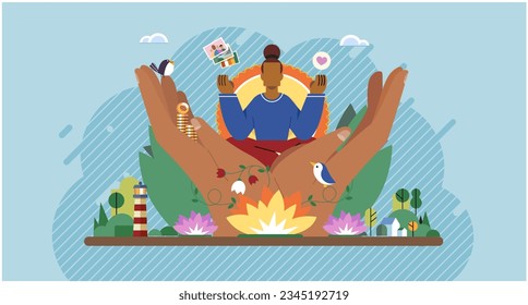 Wellbeing metaphor. Vector illustration. Support of professional growth, compass guiding career progression Support insurance, lifebuoy amidst turbulent waters of professional life Employee wellbeing