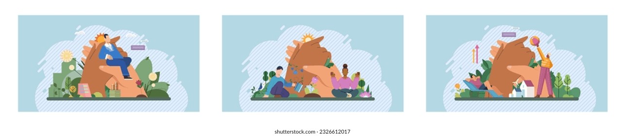 Wellbeing metaphor. Vector illustration. Wellbeing at work, compass that guides towards healthy work-life balance Support of professional growth, launchpad for career trajectories Support insurance