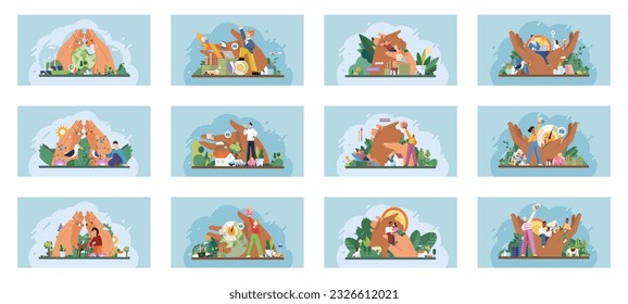 Wellbeing metaphor. Vector illustration. Wellbeing at work, compass that guides towards healthy work-life balance Support of professional growth, launchpad for career trajectories Support insurance