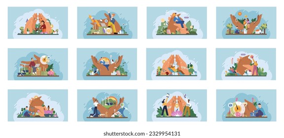 Wellbeing metaphor. Vector illustration. Wellbeing at work, fuel that drives productivity Support of professional growth, stepping stones to success Support insurance, safety net in professional life