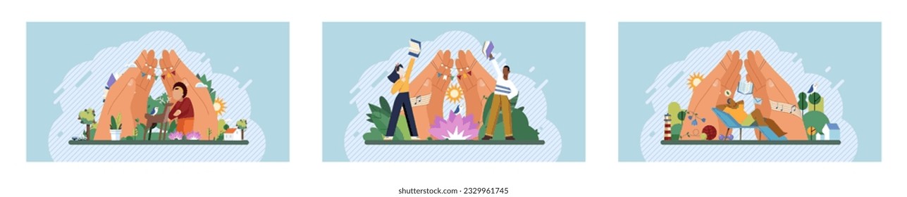 Wellbeing metaphor. Vector illustration. Wellbeing at work, elixir for high performance Support of professional growth, ladder to professional fulfillment Support insurance, umbrellthat shields