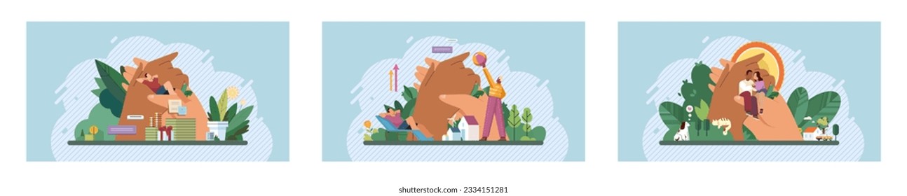 Wellbeing metaphor. Vector illustration. Wellbeing at work, fuel that drives productivity Support of professional growth, stepping stones to success Support insurance, safety net in professional life