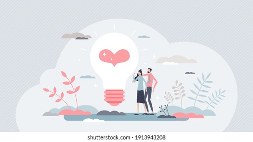 Well-being as positive mindset and partner happiness state tiny persons concept. Calm relationships with harmony, balance and esteem vector illustration. Couple appreciation and thankful attitude.