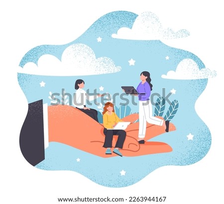 Wellbeing and support. Women with gadgets and devices sit on arm of businessman. Protecting employees, creating comfortable atmosphere for efficient workflow. Cartoon flat vector illustration